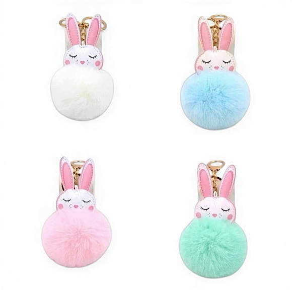 3/$10 BUNNY POM POM KEYCHAIN IN BLUE - ONE FOR $5 OR BUNDLE THREE FOR $10 - Picture 3 of 3